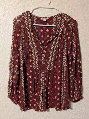 Lucky Brand Burgundy Geometric Southwest Print Long Flowy Sleeve Boho Top Size S